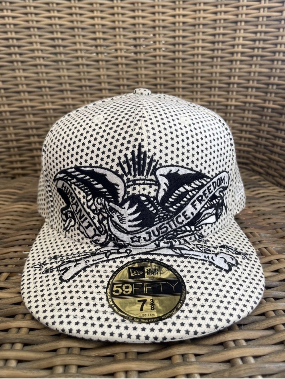 Supreme White & Black Star Pattern Fitted Cap with Eagle Graphic